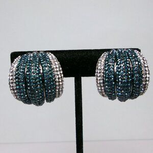 Joan Boyce Crystal Pave‎ Aquamarine & Clear Crystal Clip Earrings